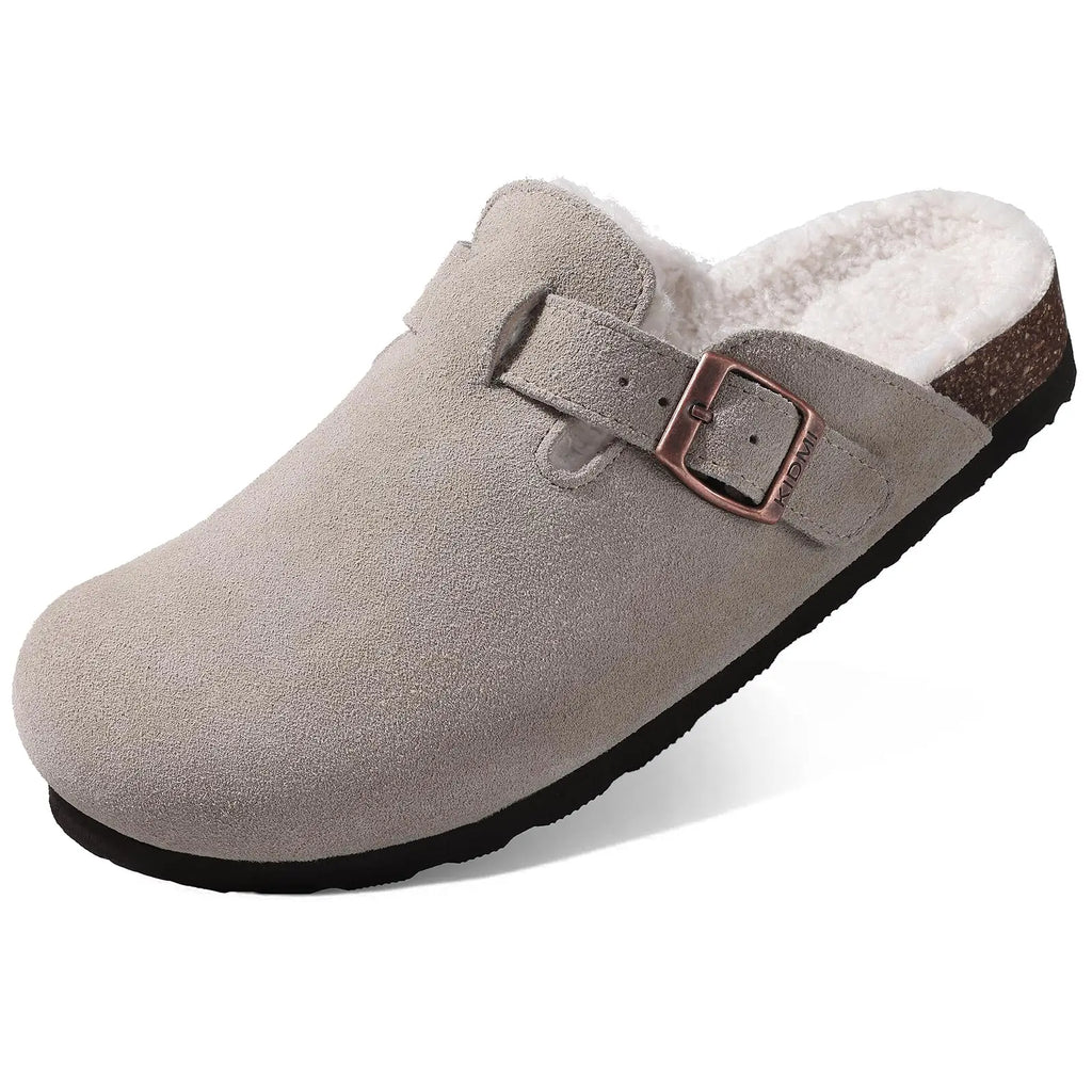 Crestar Women's Fur Lined Suede Clogs Lady Girls Fuzzy Cork Footbed Mules Genuine Leather Cow Suede Slip On Winter Potato Shoes