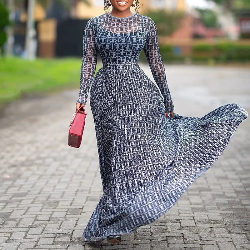 Summer Women Long Sleeve Casual Party Dress Spring Elegant Print Slim Fit A Line Dress Fashion Round Neck High Waist Long Dress