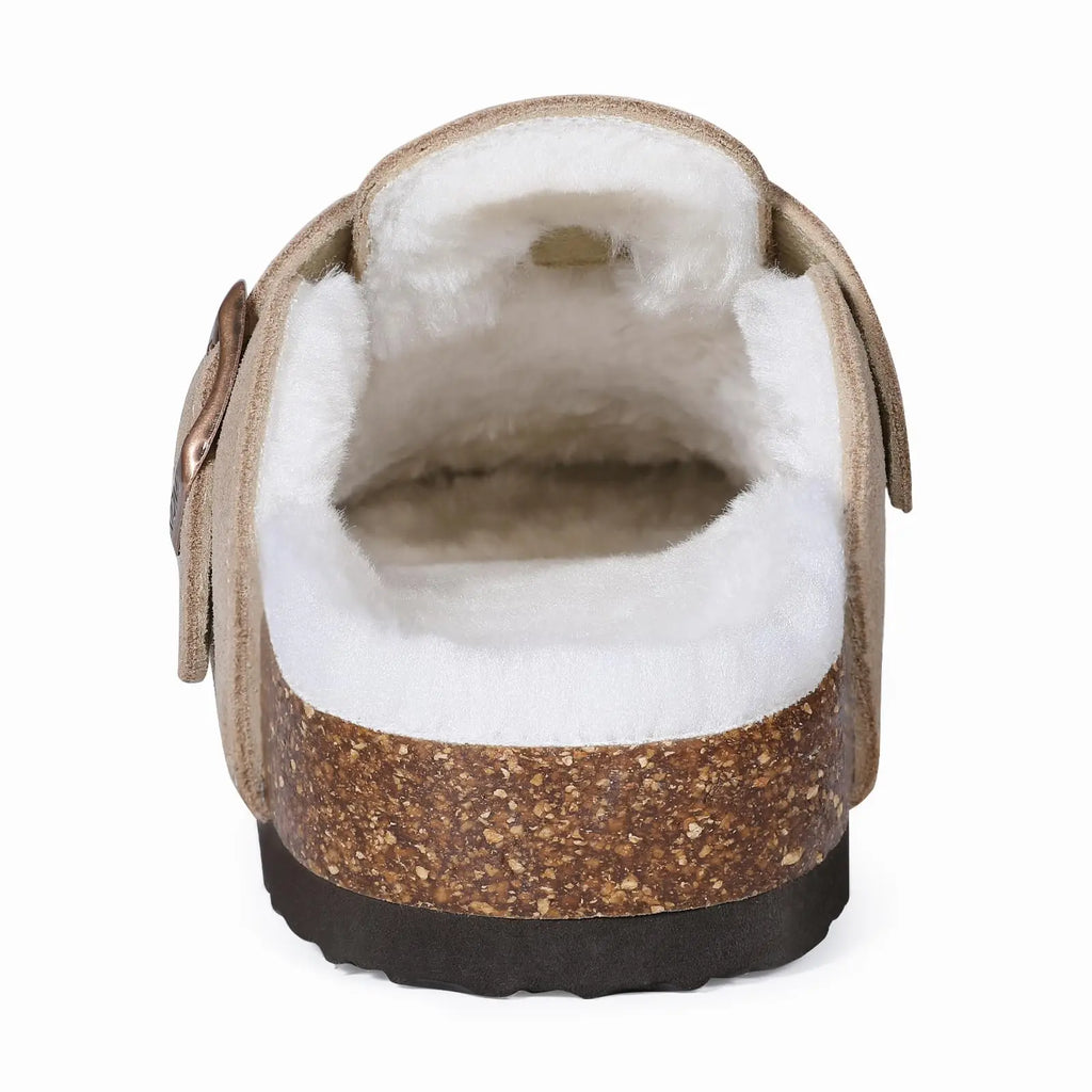 Comwarm Classic Winter Mules For Women Men New Winter Fur Suede Clogs Cork Footbed Cozy Fuzzy Slippers With Adjustable Buckle