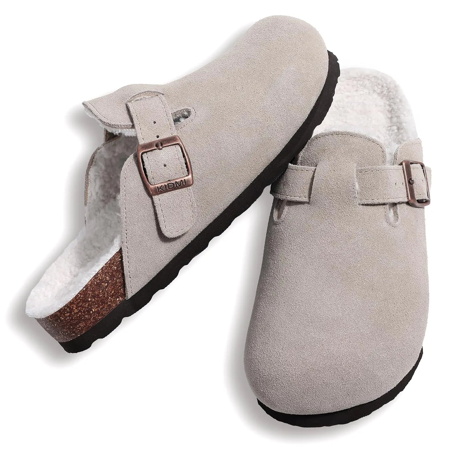 Crestar Women's Fur Lined Suede Clogs Lady Girls Fuzzy Cork Footbed Mules Genuine Leather Cow Suede Slip On Winter Potato Shoes