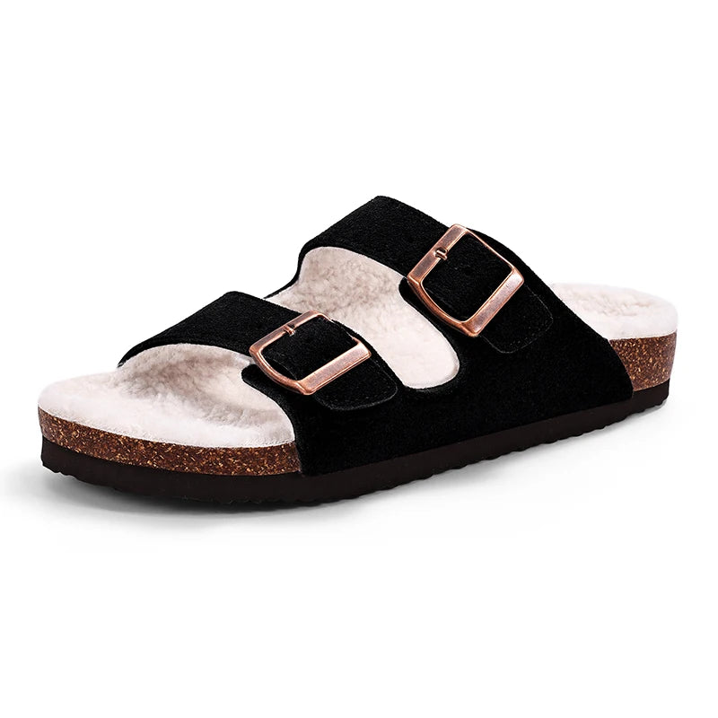 Comwarm Classic Winter Mules For Women Men New Winter Fur Suede Clogs Cork Footbed Cozy Fuzzy Slippers With Adjustable Buckle