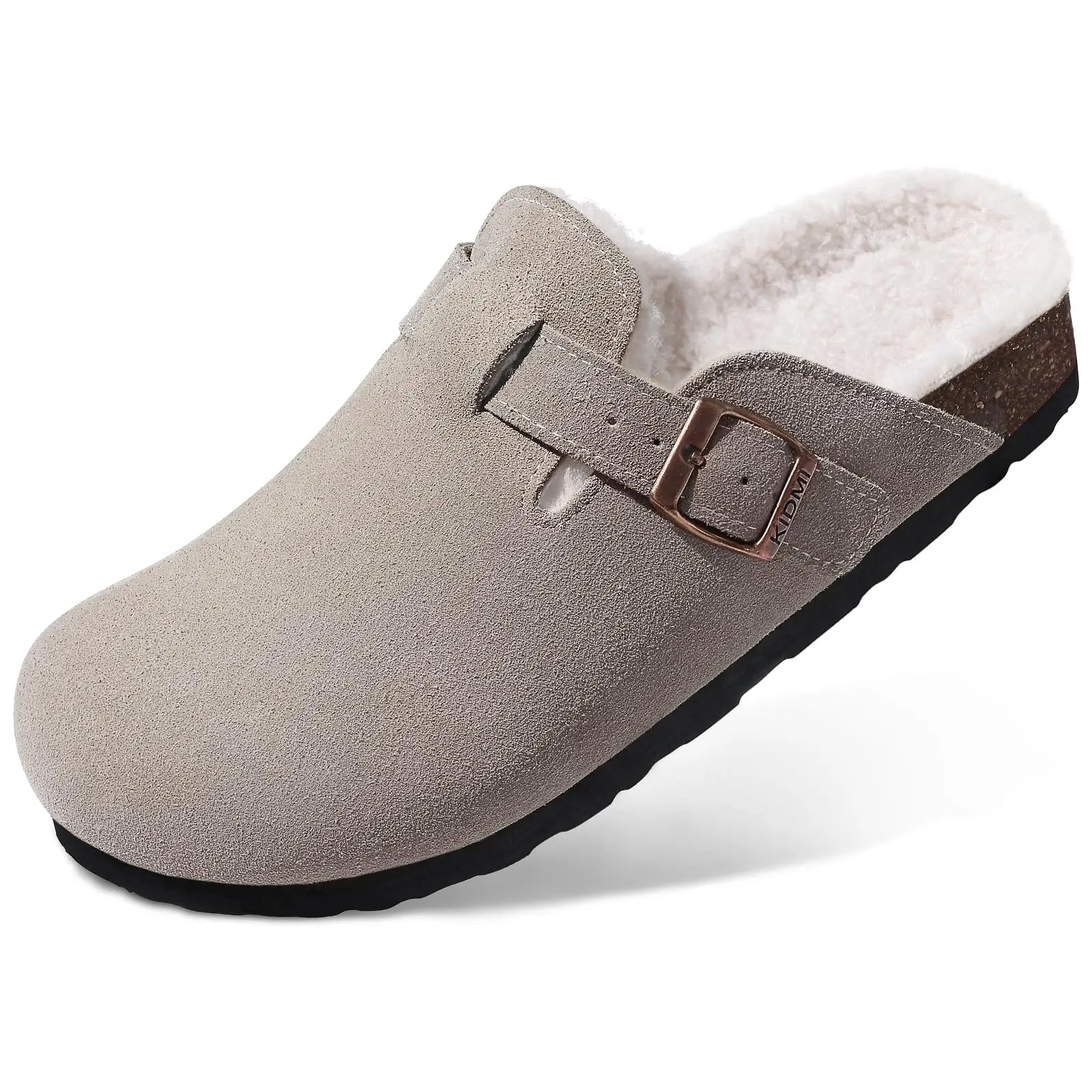 Comwarm Classic Winter Mules For Women Men New Winter Fur Suede Clogs Cork Footbed Cozy Fuzzy Slippers With Adjustable Buckle