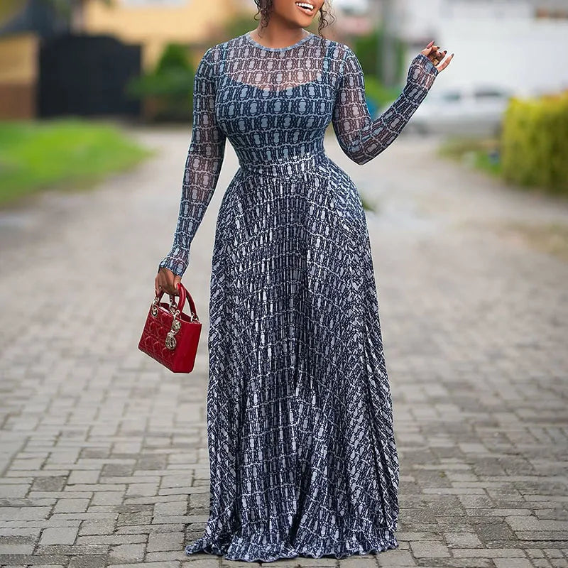 Summer Women Long Sleeve Casual Party Dress Spring Elegant Print Slim Fit A Line Dress Fashion Round Neck High Waist Long Dress