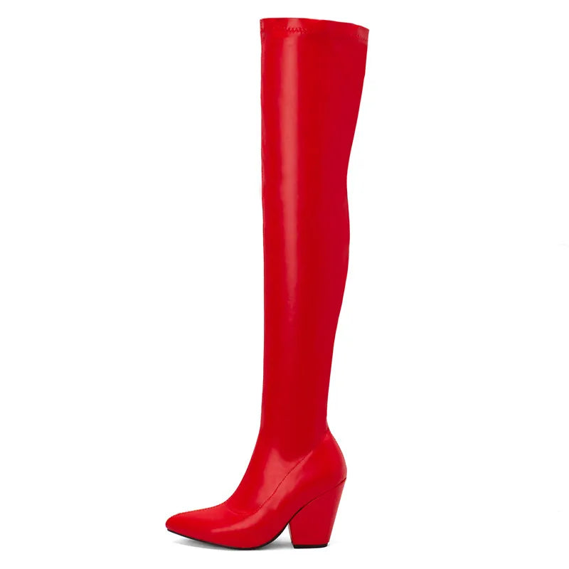 Sexy White Red Thigh High Boots Women Elastic Leather Black Wedges Over the Knee Boots For Women Fetish Party Long Slim Shoes