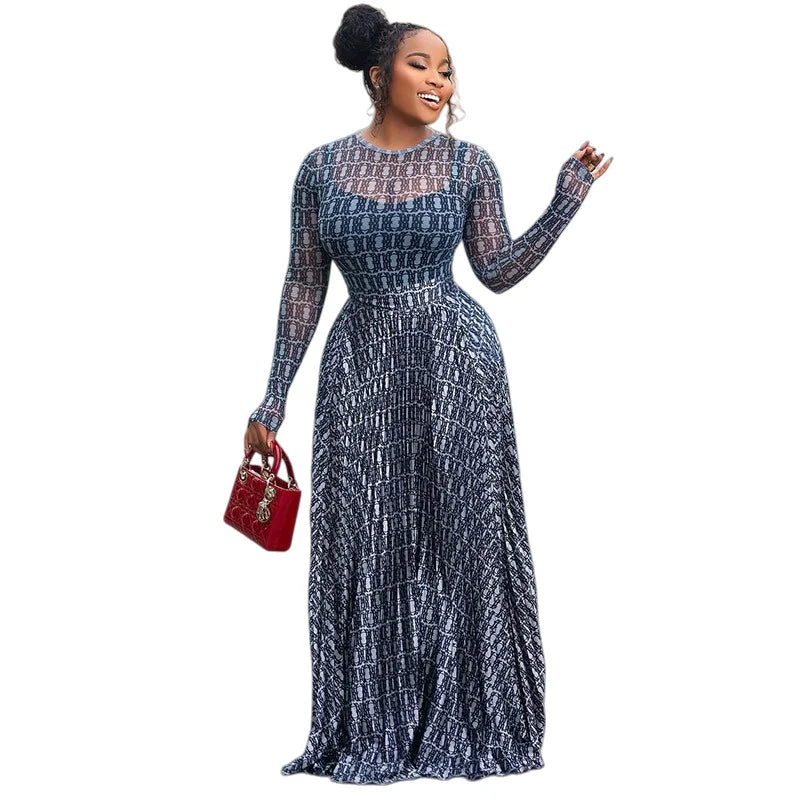 Women's O-Neck Long Sleeve Waistband Hips Wrapped A-Line Long Dress, Slight Perspective