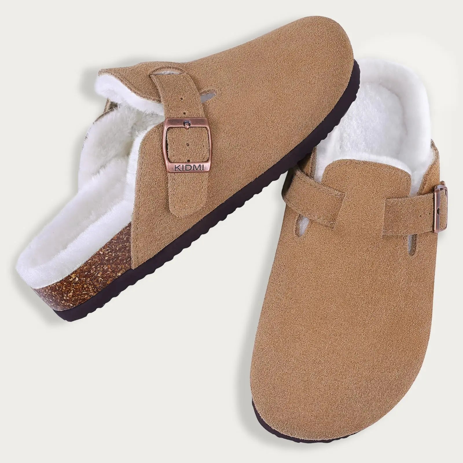 Comwarm Classic Winter Mules For Women Men New Winter Fur Suede Clogs Cork Footbed Cozy Fuzzy Slippers With Adjustable Buckle