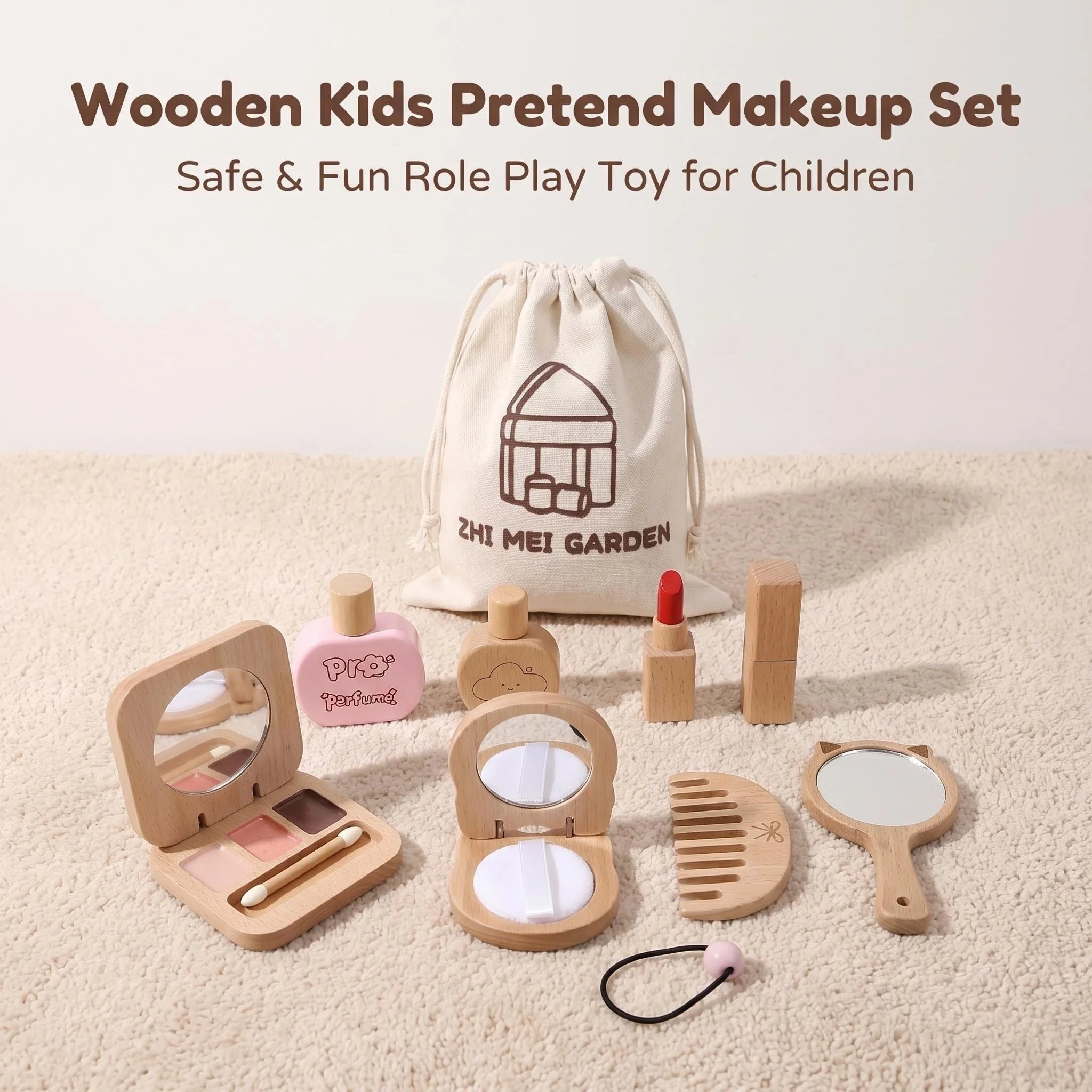 Kids' Pretend Makeup Toy Wooden Role‑play Dress‑up Vanity Gift Makeup Bag Set for Girls