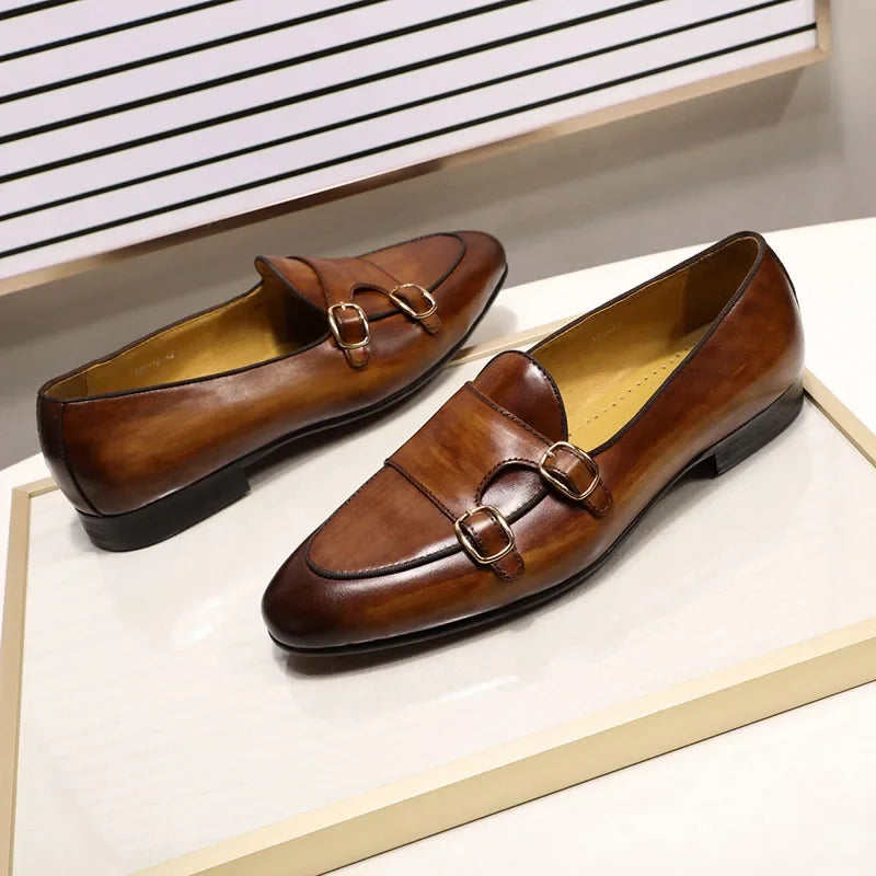 FELIX CHU Men's Genuine Leather Loafers Handmade Monk Strap Casual Dress Shoes for Wedding Party Summer Autumn Footwear