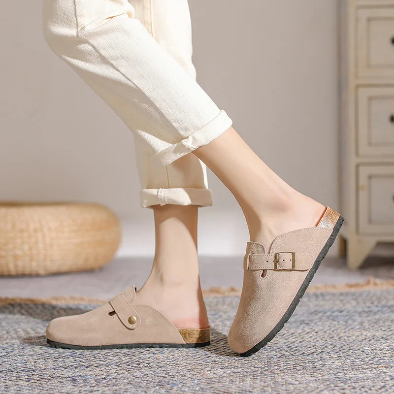 Crestar Women's Cow Suede Clogs Cork Footbed Leather Mules Slippers Unisex Comfortable Fashion Potato Shoes with Arch Support