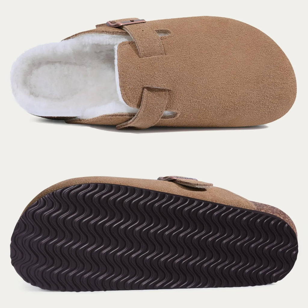 Shevalues Winter Fur Suede Slippers Women Classic Fur Lined Clogs House Fuzzy Cork Slides Indoor Outdoor Cozy Fur Cork Mules Men