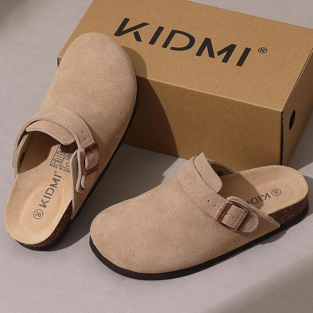 Crestar Women's Cow Suede Clogs Cork Footbed Leather Mules Slippers Unisex Comfortable Fashion Potato Shoes with Arch Support