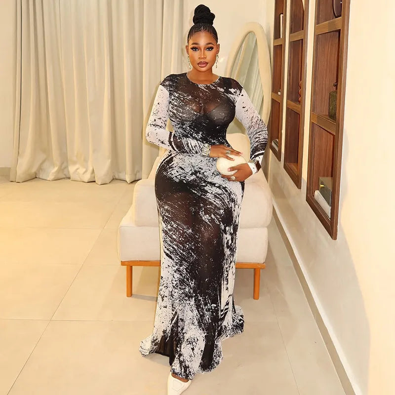 Sexy Letter Print See-Through Mesh Sheer Dress 2026 New Spring Summer Fashion Elegant Long Sleeve Club Party Long Dresses