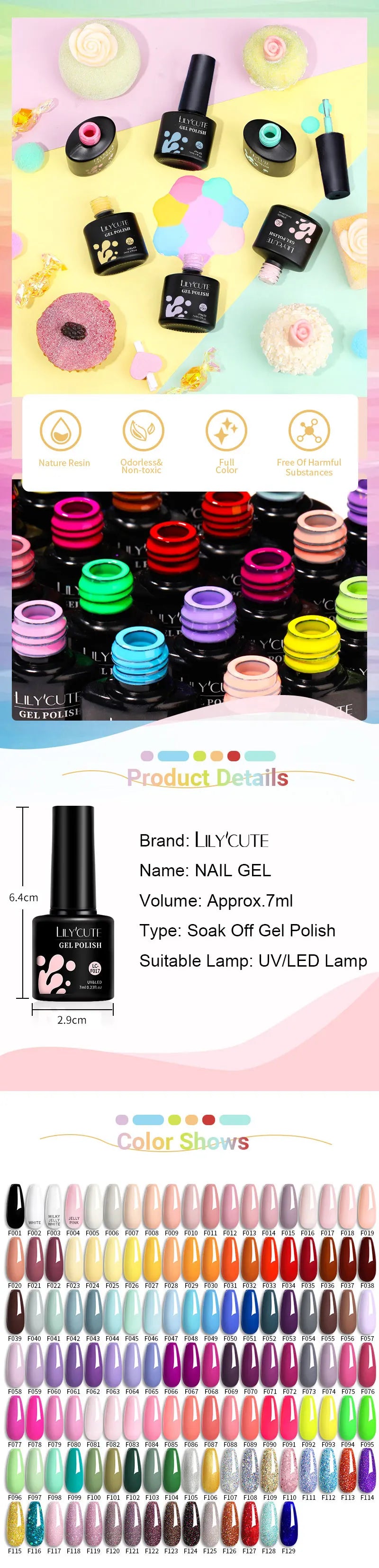 LILYCUTE 7ML Colorful Gel Nail Polish 129 Colors Long Lasting For Manicure Semi Permanent Base Top Coat Nail Art UV Gel Varnish