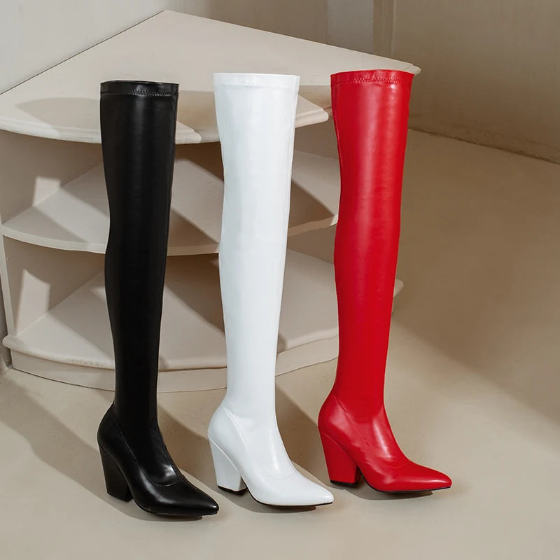 Sexy White Red Thigh High Boots Women Elastic Leather Black Wedges Over the Knee Boots For Women Fetish Party Long Slim Shoes