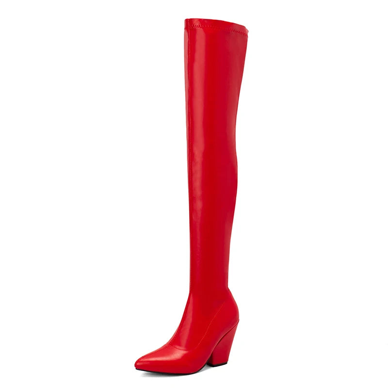 Sexy White Red Thigh High Boots Women Elastic Leather Black Wedges Over the Knee Boots For Women Fetish Party Long Slim Shoes
