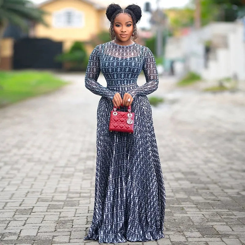 Women's O-Neck Long Sleeve Waistband Hips Wrapped A-Line Long Dress, Slight Perspective