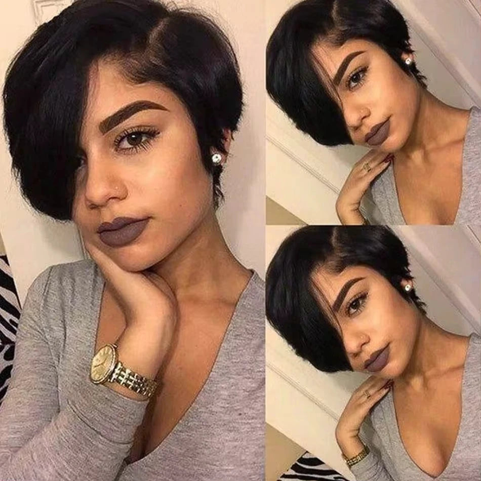 Pixie Cut Wigs For Black Women Human Hair 6 Inch Straight Bob Wigs T Part Lace 13x4 Side Part Transparent Short Lace Front Wigs