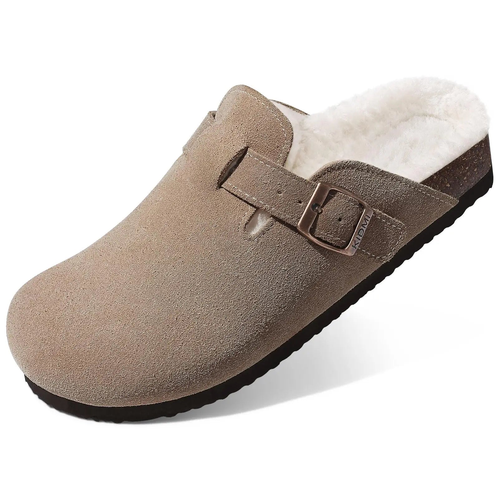 Comwarm Classic Winter Mules For Women Men New Winter Fur Suede Clogs Cork Footbed Cozy Fuzzy Slippers With Adjustable Buckle