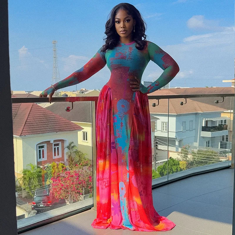Sexy Letter Print See-Through Mesh Sheer Dress 2026 New Spring Summer Fashion Elegant Long Sleeve Club Party Long Dresses