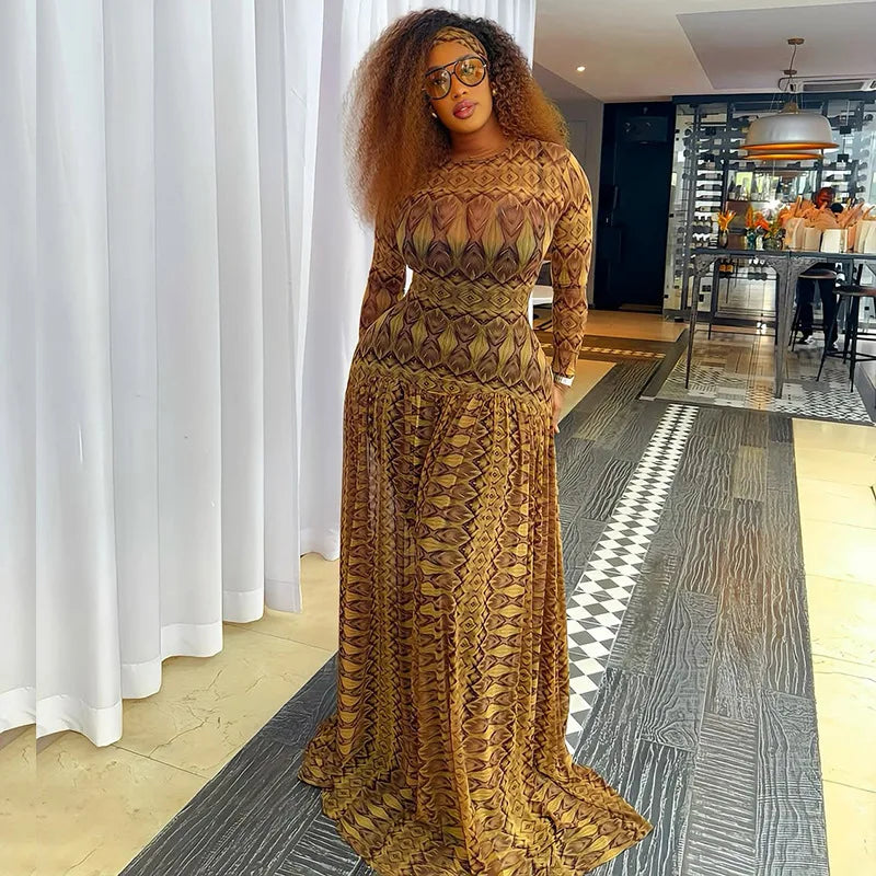 Sexy Letter Print See-Through Mesh Sheer Dress 2026 New Spring Summer Fashion Elegant Long Sleeve Club Party Long Dresses