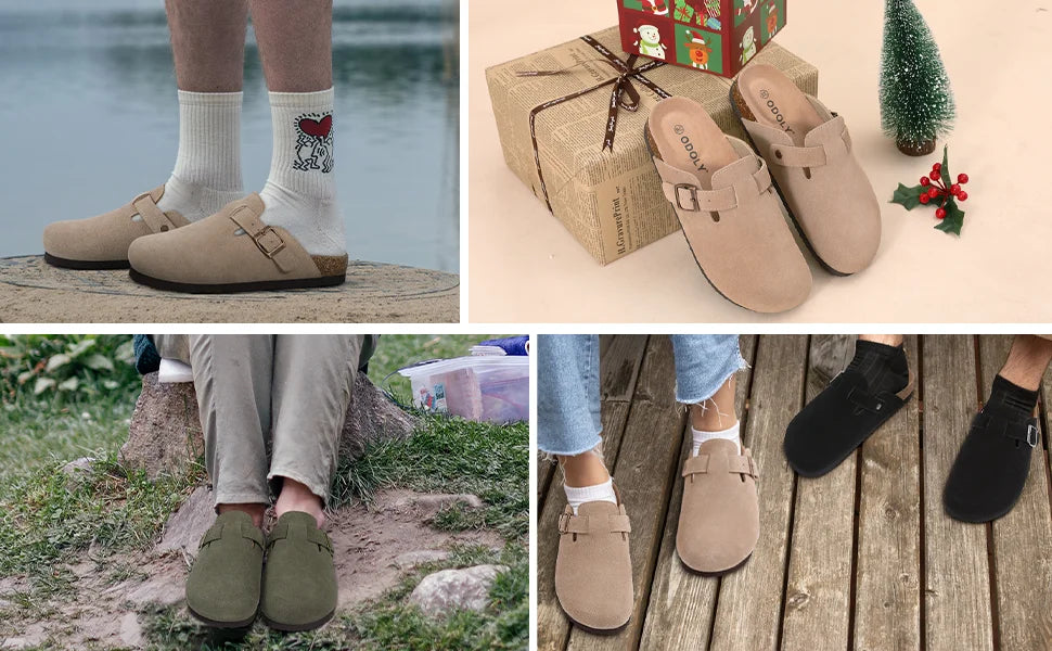 Asgard Women Cork Sole Clogs Slippers Fashion Cow Suede Flat Mules With Adjustable Buckle Men Leather Potato Shoes Beach Sandals