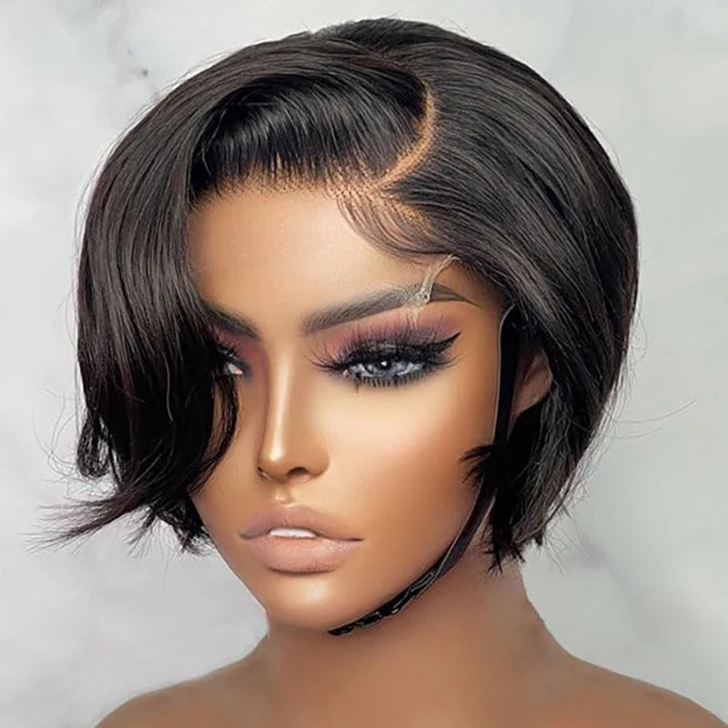Pixie Cut Wigs For Black Women Human Hair 6 Inch Straight Bob Wigs T Part Lace 13x4 Side Part Transparent Short Lace Front Wigs