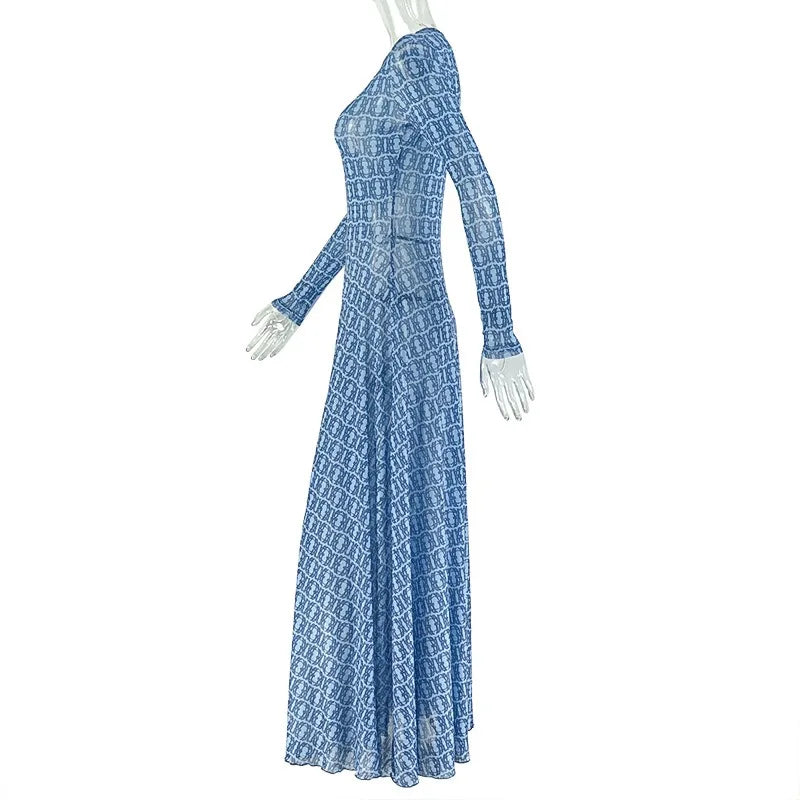 Women's O-Neck Long Sleeve Waistband Hips Wrapped A-Line Long Dress, Slight Perspective