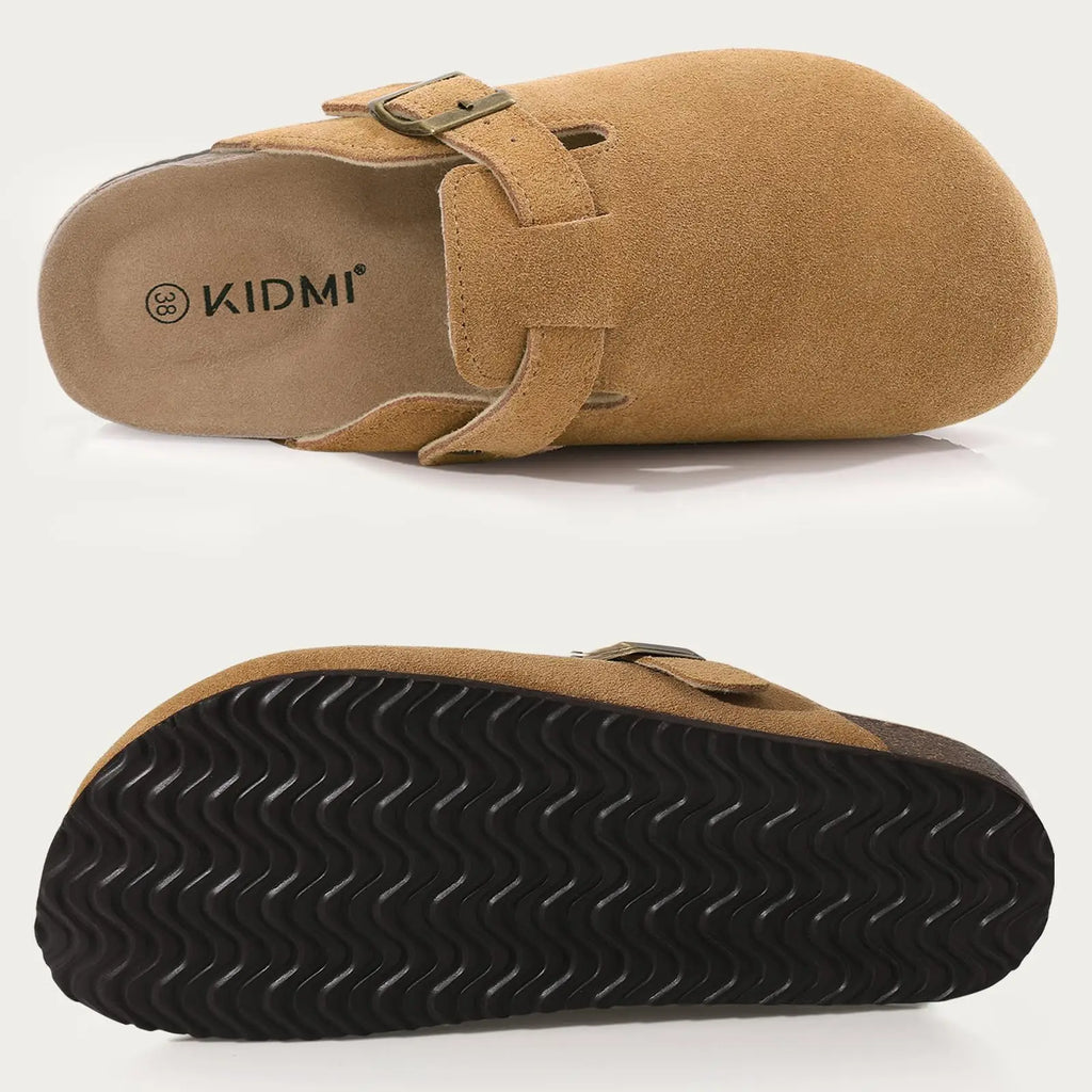 Crestar Women's Fur Lined Suede Clogs Lady Girls Fuzzy Cork Footbed Mules Genuine Leather Cow Suede Slip On Winter Potato Shoes