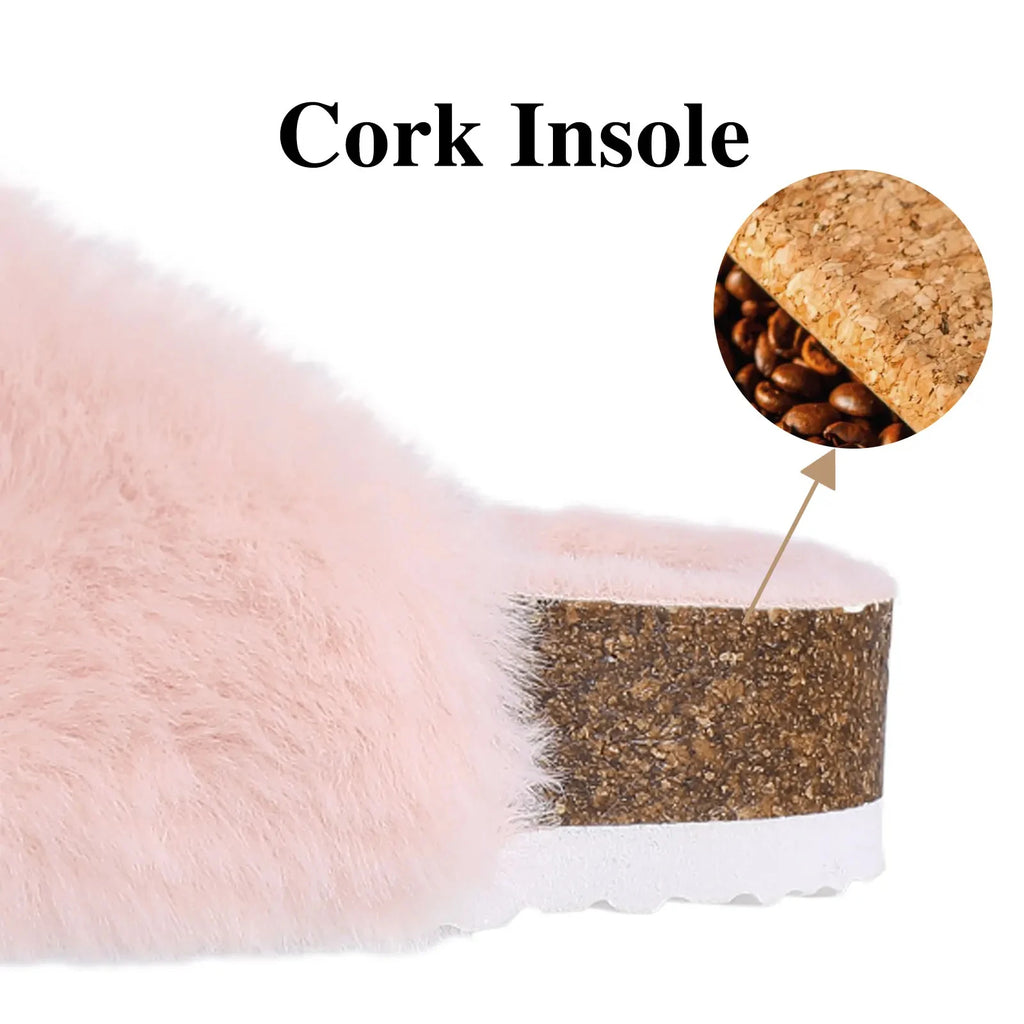 Shevalues Winter Fur Suede Slippers Women Classic Fur Lined Clogs House Fuzzy Cork Slides Indoor Outdoor Cozy Fur Cork Mules Men
