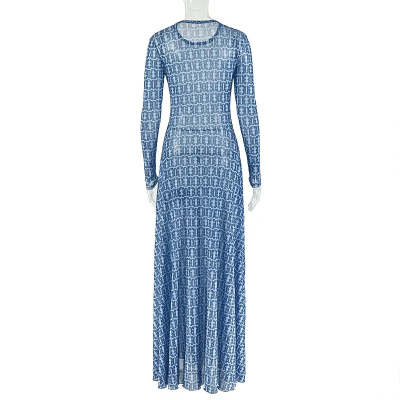 Women's O-Neck Long Sleeve Waistband Hips Wrapped A-Line Long Dress, Slight Perspective