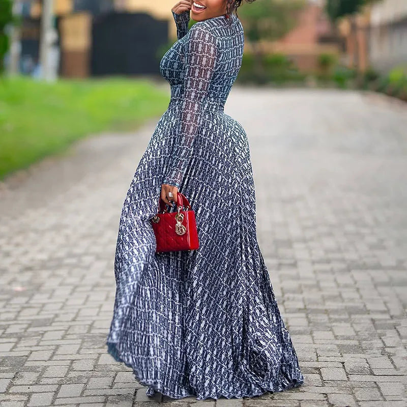 Summer Women Long Sleeve Casual Party Dress Spring Elegant Print Slim Fit A Line Dress Fashion Round Neck High Waist Long Dress