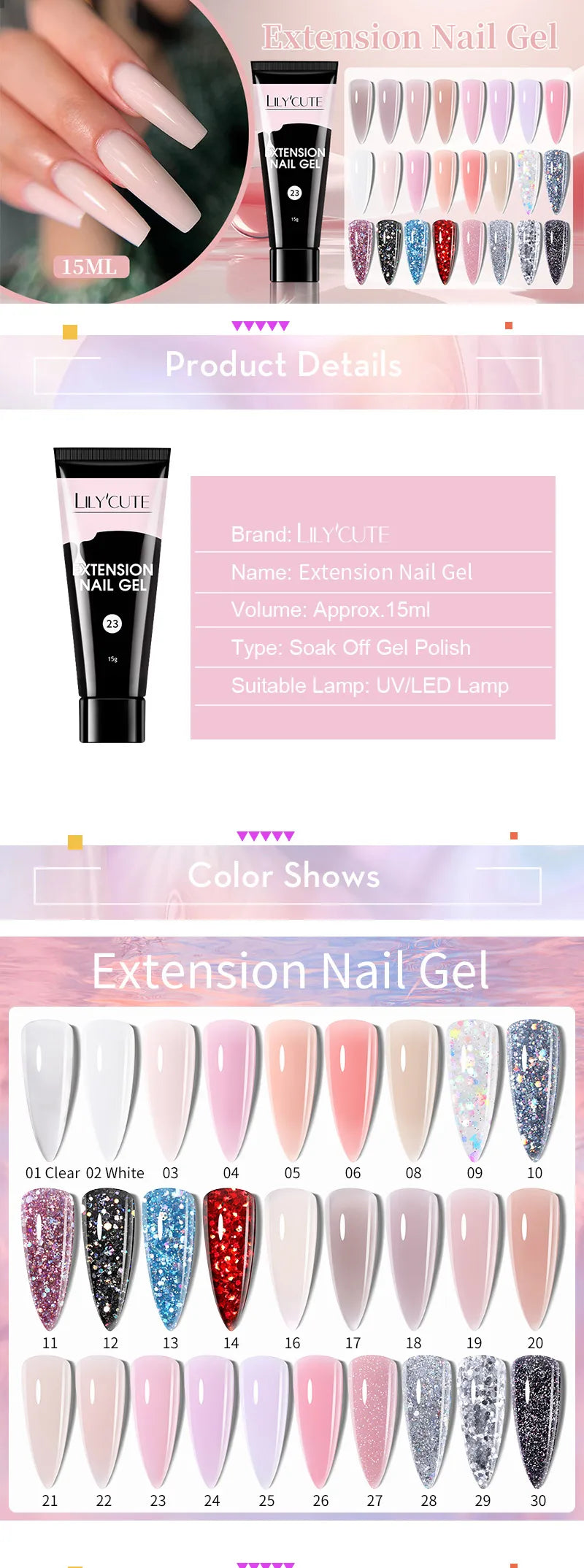LILYCUTE Extension Nail Gel Polish Glitter Vernis Semis Permanent UV Gel For Manicure Nail Art Prolong Construction Gel