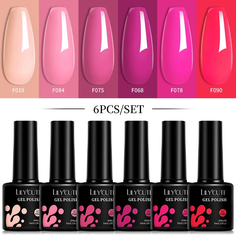 LILYCUTE 6Pcs 7ML Gel DIY Nails Polish Set Bright Pink Nail Charms Soak Off UV LED Gel Varnish Nail Art Design Accessories