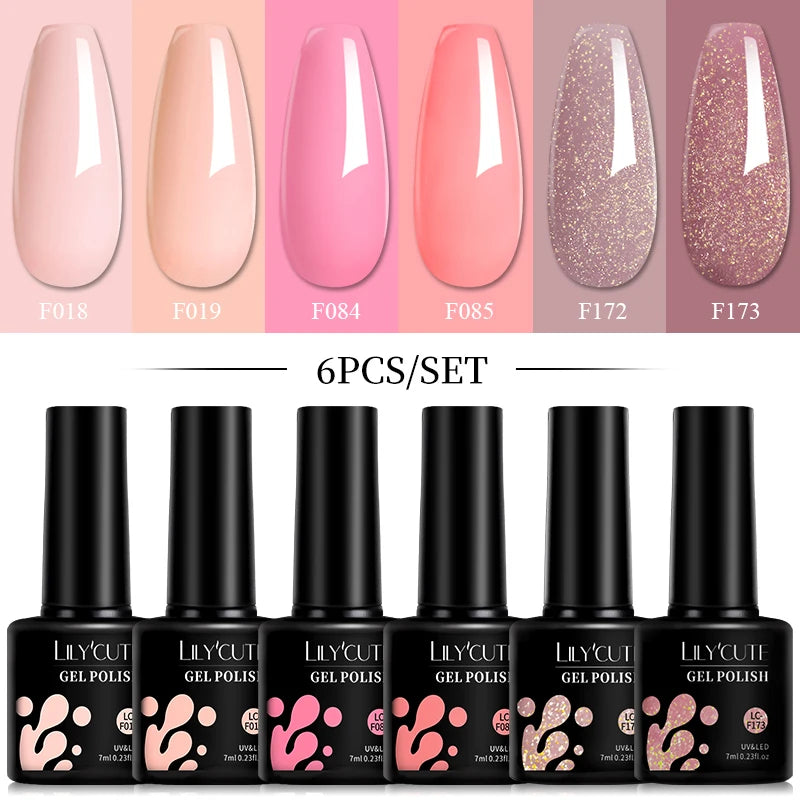 LILYCUTE 6Pcs 7ML Gel DIY Nails Polish Set Bright Pink Nail Charms Soak Off UV LED Gel Varnish Nail Art Design Accessories