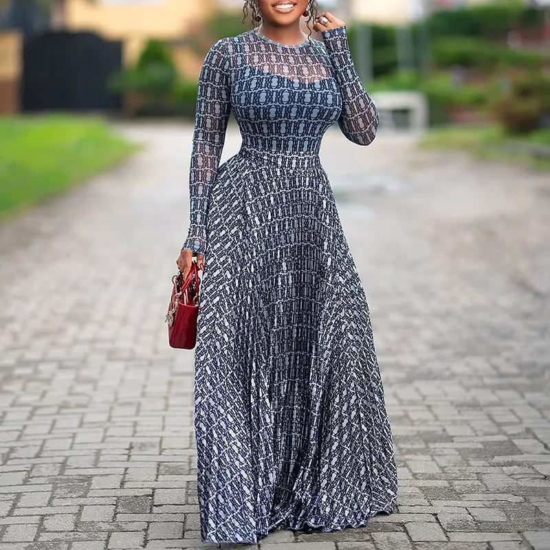 Summer Women Long Sleeve Casual Party Dress Spring Elegant Print Slim Fit A Line Dress Fashion Round Neck High Waist Long Dress