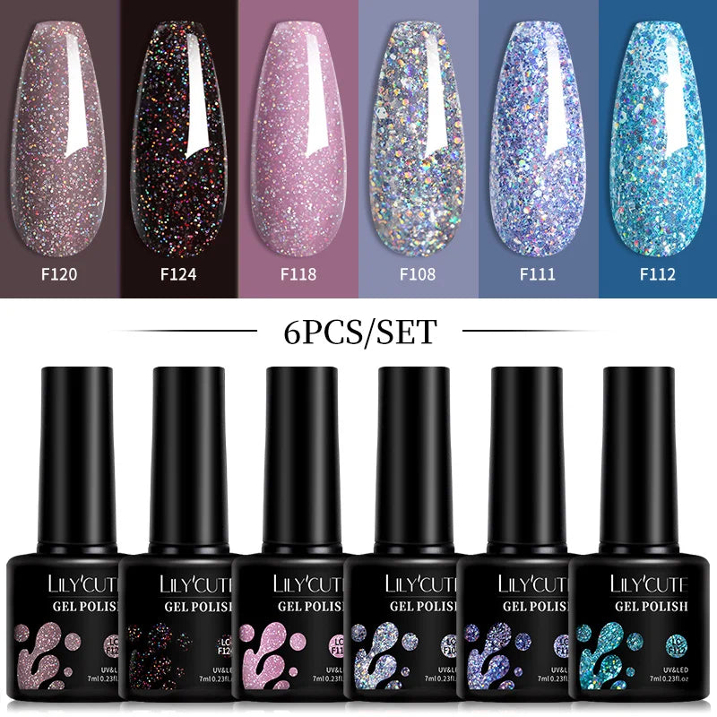 LILYCUTE 6Pcs 7ML Gel DIY Nails Polish Set Bright Pink Nail Charms Soak Off UV LED Gel Varnish Nail Art Design Accessories