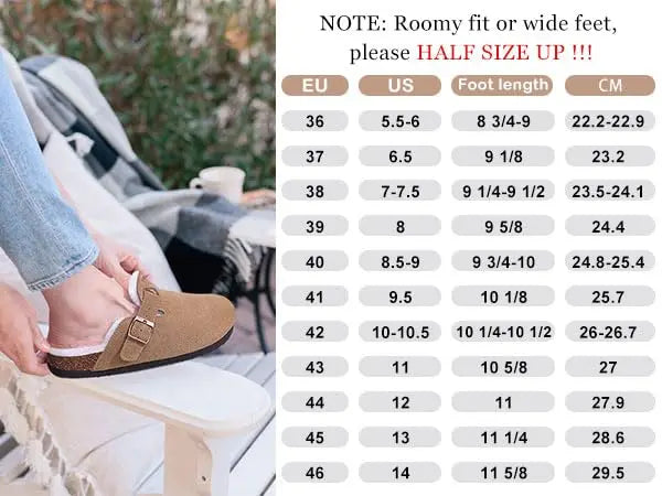 Shevalues Winter Fur Suede Slippers Women Classic Fur Lined Clogs House Fuzzy Cork Slides Indoor Outdoor Cozy Fur Cork Mules Men