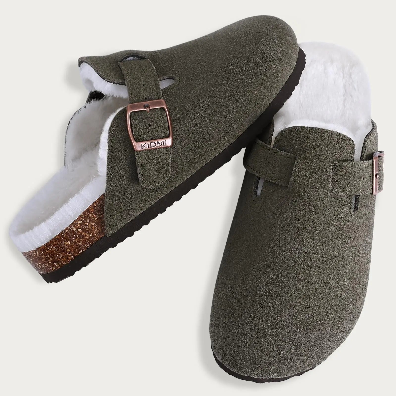Crestar Women's Fur Lined Suede Clogs Lady Girls Fuzzy Cork Footbed Mules Genuine Leather Cow Suede Slip On Winter Potato Shoes