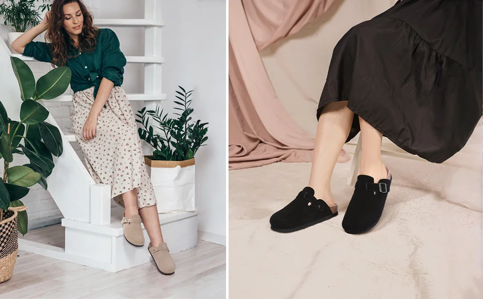 Asgard Women Cork Sole Clogs Slippers Fashion Cow Suede Flat Mules With Adjustable Buckle Men Leather Potato Shoes Beach Sandals