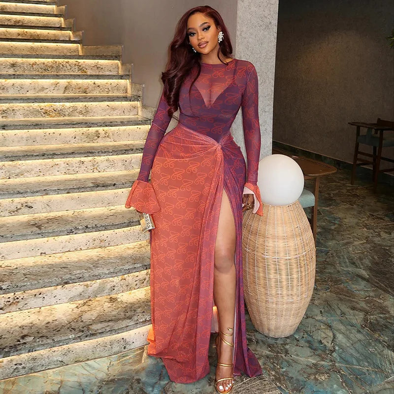 Sexy Letter Print See-Through Mesh Sheer Dress 2026 New Spring Summer Fashion Elegant Long Sleeve Club Party Long Dresses