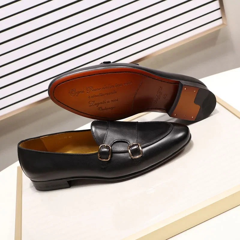 FELIX CHU Men's Genuine Leather Loafers Handmade Monk Strap Casual Dress Shoes for Wedding Party Summer Autumn Footwear