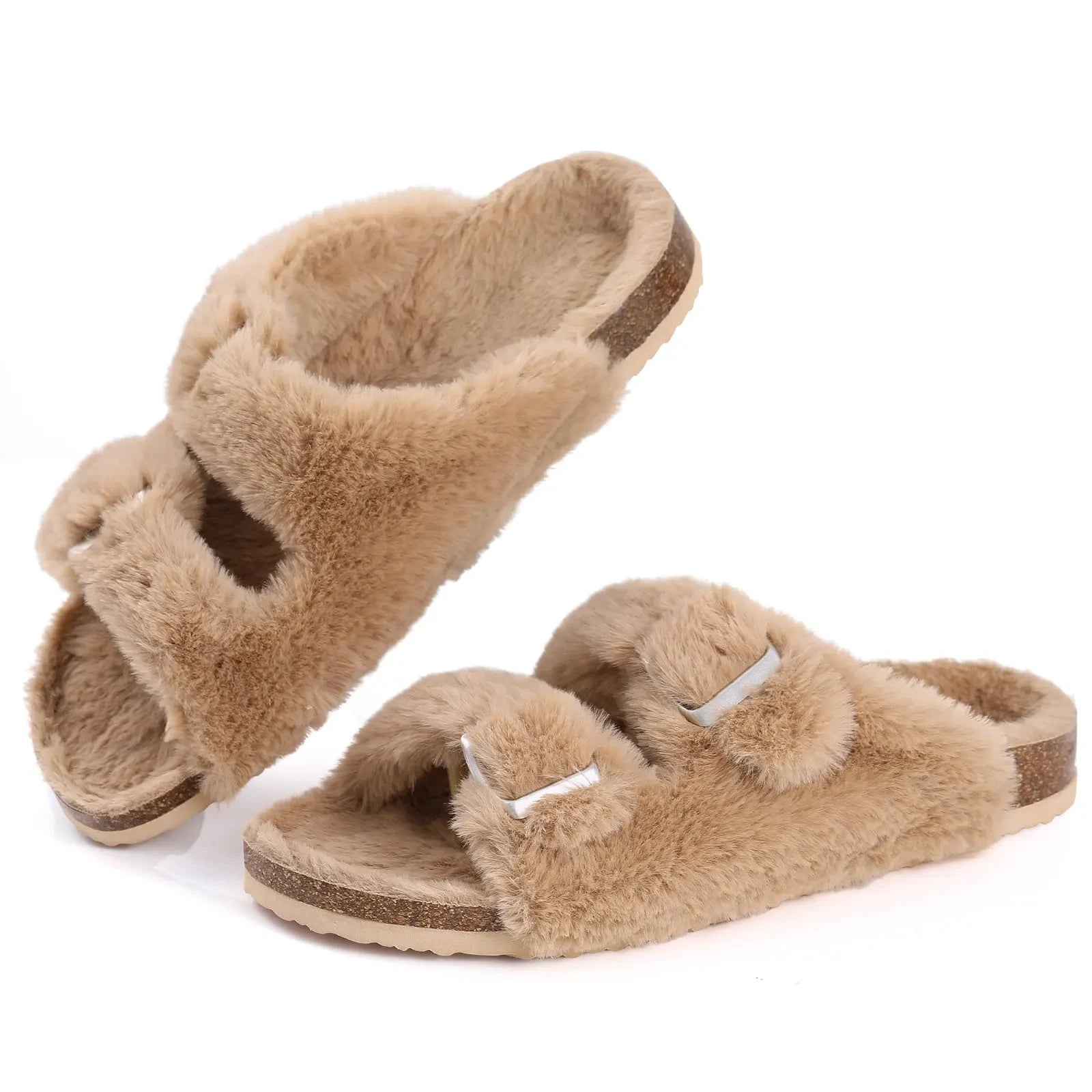 Crestar Women's Fur Lined Suede Clogs Lady Girls Fuzzy Cork Footbed Mules Genuine Leather Cow Suede Slip On Winter Potato Shoes