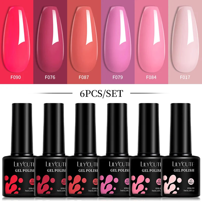 LILYCUTE 6Pcs 7ML Gel DIY Nails Polish Set Bright Pink Nail Charms Soak Off UV LED Gel Varnish Nail Art Design Accessories
