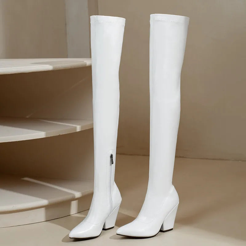 Sexy White Red Thigh High Boots Women Elastic Leather Black Wedges Over the Knee Boots For Women Fetish Party Long Slim Shoes
