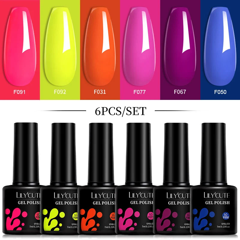 LILYCUTE 6Pcs 7ML Gel DIY Nails Polish Set Bright Pink Nail Charms Soak Off UV LED Gel Varnish Nail Art Design Accessories
