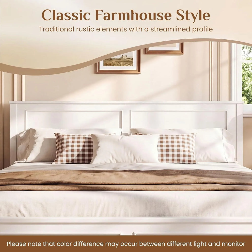 Wood Full Size Bed Frame with Headboard, Farmhouse Solid Platform Bed w/Wooden Slat Support Mattress Foundation,, Customized