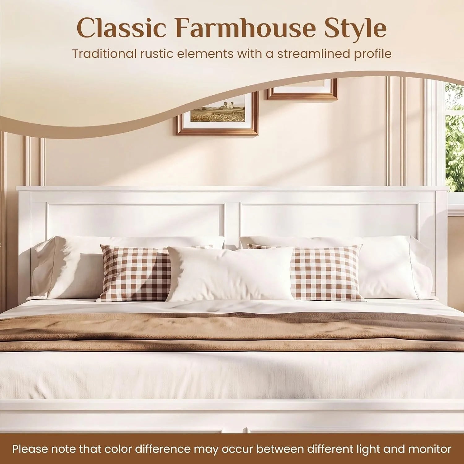 Wood Full Size Bed Frame with Headboard, Farmhouse Solid Platform Bed w/Wooden Slat Support Mattress Foundation,, Customized