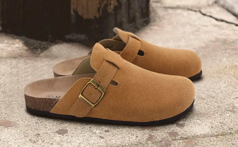 Asgard Women's Suede Clogs Leather Mules Cork Footbed Sandals Arch Support Aldult Four Seasons Adjustable Buckle Potato Shoes