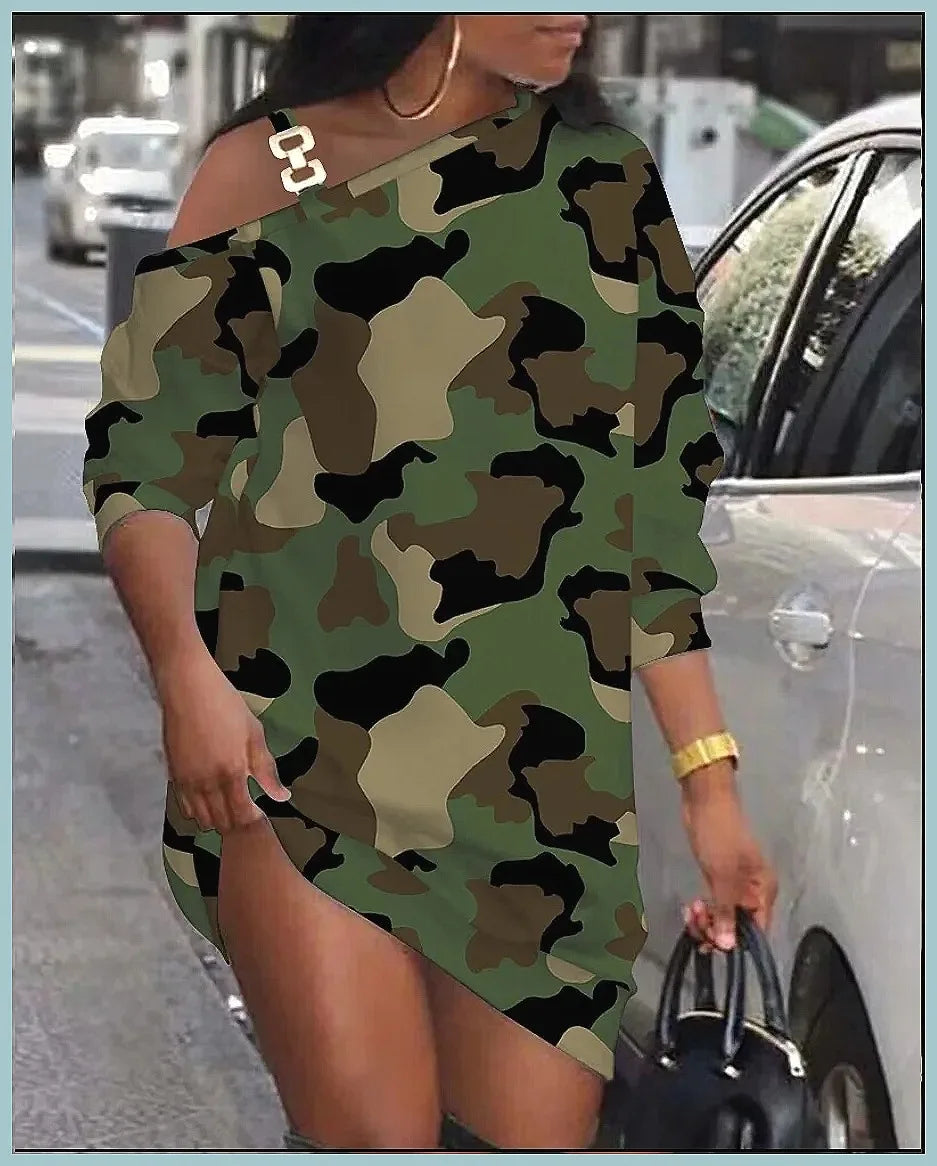 Autumn Women's Printed Mini Dress, Loose Fit Hollow Out Long Sleeve Party Club Dress