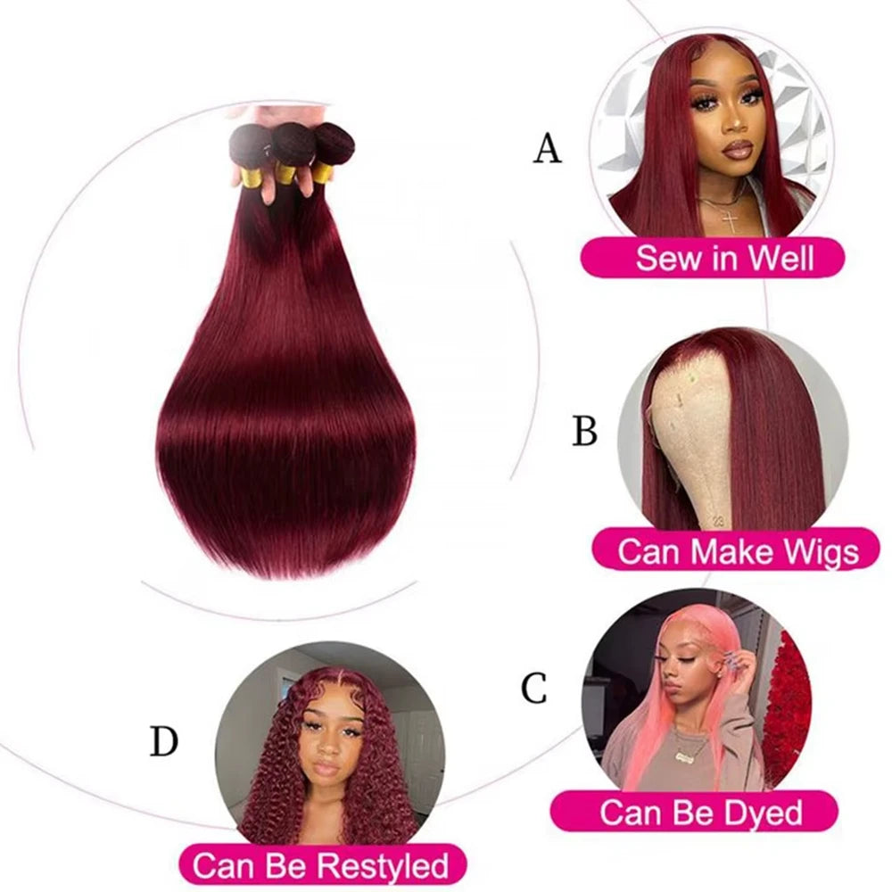 Color Burgundy  #99J Bundles Human Hair Straight Bundles Brazilian Virgin Hair Wine Red Straight 3 Bundles Human Hair Extensions
